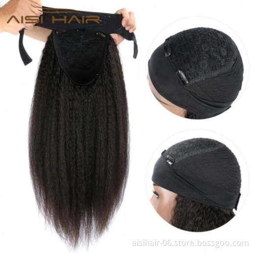 Cheap Wholesale Yaki Long Kinky Straight Headband Wig Raw Braillian Human Hair Curly Black Color For Black Women